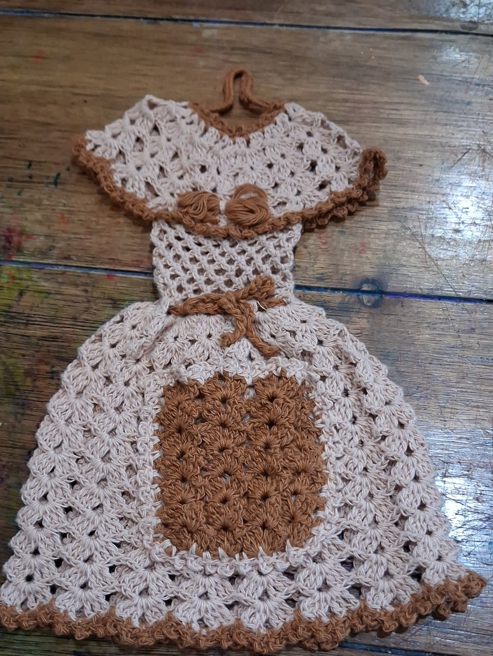Handmade Crochet Kitchen Doll Dress in Cream and Brown Kitchen Decorations